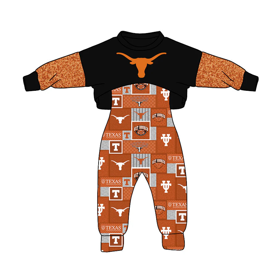 custom football TEXAS cow orange long sleeve jumpsuits girls set