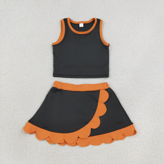 GSD4259 Scallop Yoga Black Orange Long Sleeve Shorts Girls Set