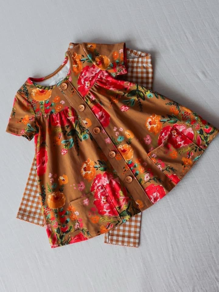 preorder flowers brown short sleeve checkered pants girls set