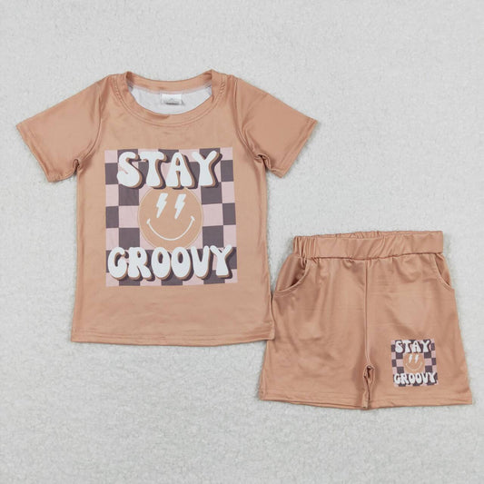 BSSO0613 Stay smile brown short sleeve pockets shorts boys set