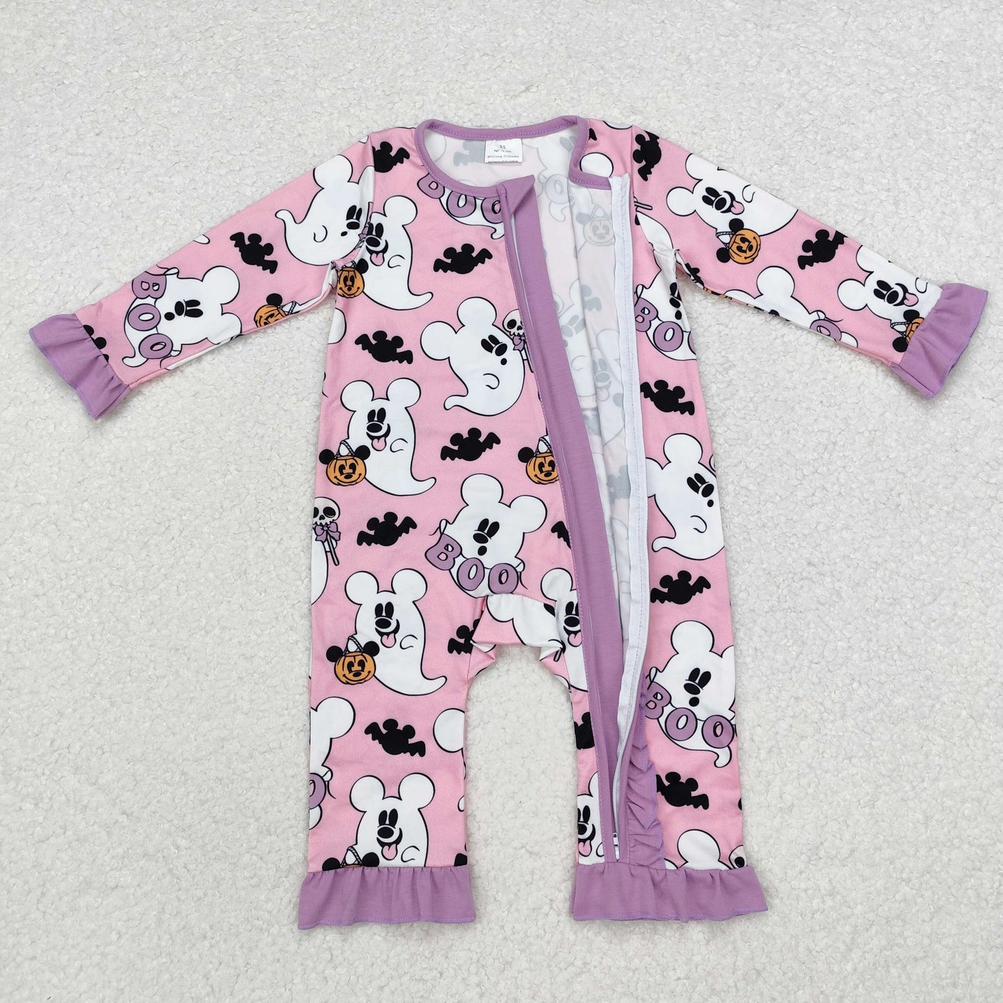 LR1424 Halloween spooky boo pink long sleeve zipper girls romper