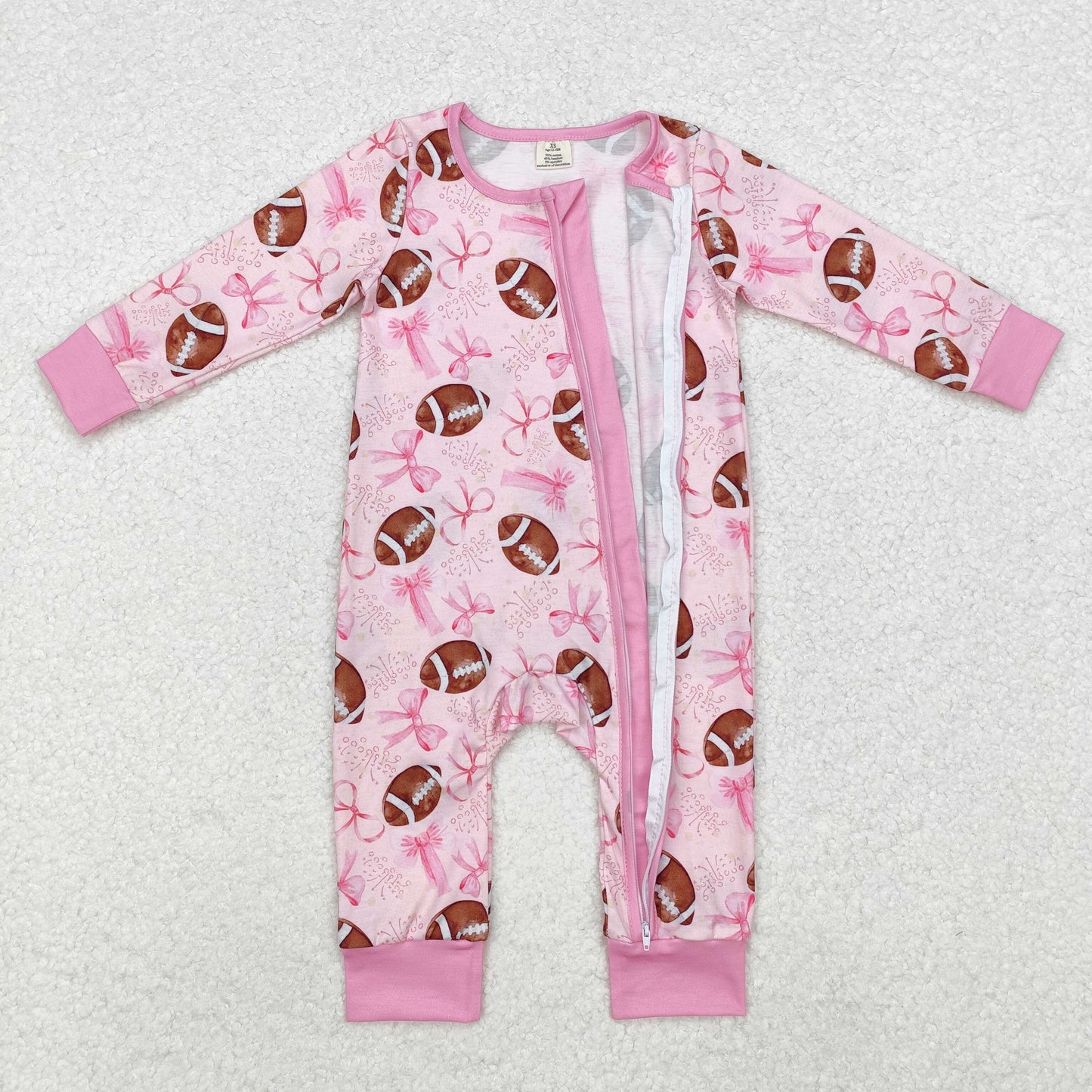 bamboo LR1595 football pink bows long sleeve zipper girls romper