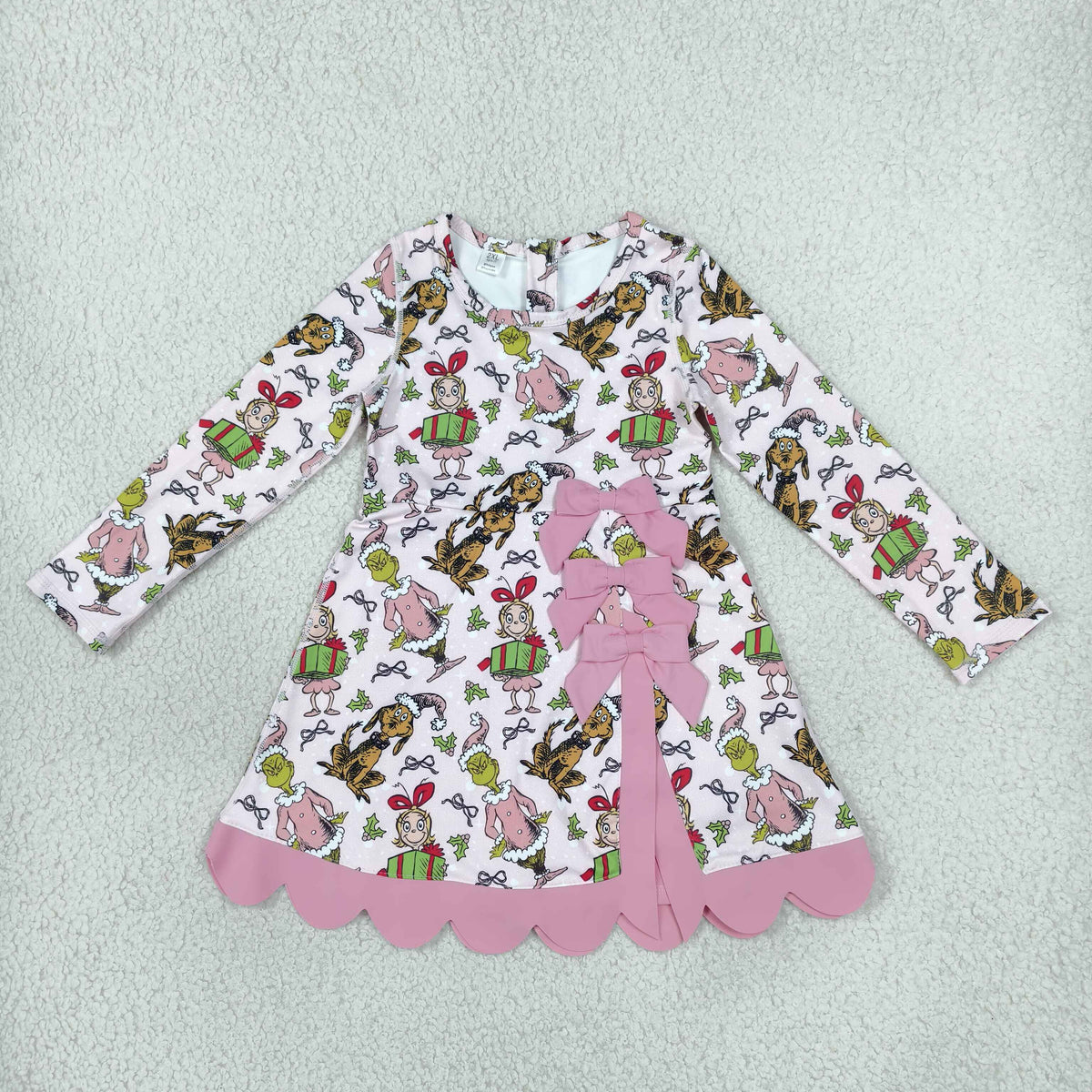 GLD1656 Yoga Christmas Green Face Bows Pink Long Sleeve Girls Dress