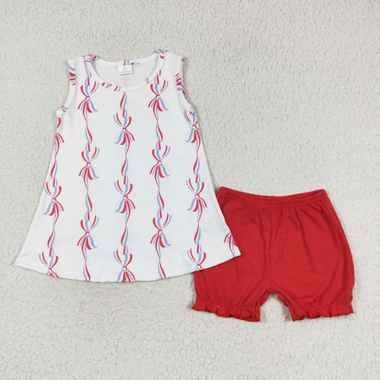 GSSO1199 July 4th red blue bows sleeveless red shorts girls set