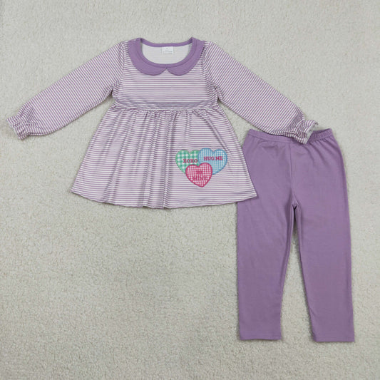 Embroidery GLP3262 Valentine's Day Heart Purple Striped Long Sleeve Pants Girls Set