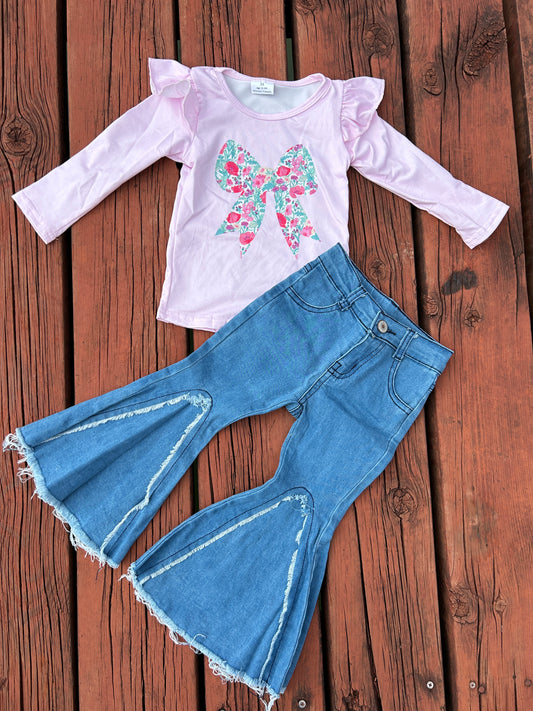 Colorful Bow Pink Long Sleeve Bell Bottom Jeans Girls Set