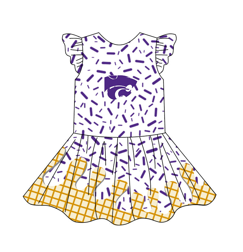 Custom Moq 5 Football Team purple ice printing flutter sleeve girls dress