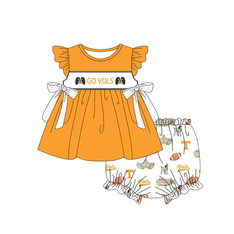 Custom Moq 3 Football Team Tennessee Go Vols Yellow Flutter Sleeve Bows Girls Bummies Set