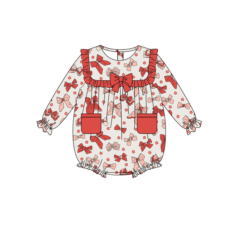 custom moq 5 red bows heart pockets long sleeve girls romper
