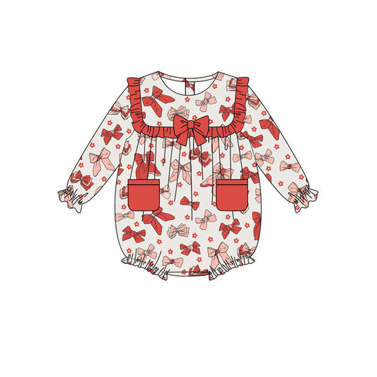 custom moq 5 red bows heart pockets long sleeve girls romper