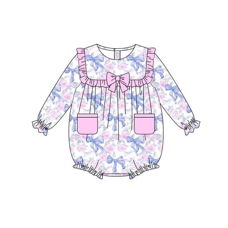 custom moq 5 blue bows flowers pockets hot pink long sleeve girls romper