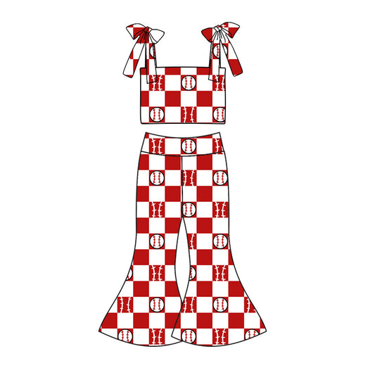 custom (moq 5)Baby Girls Baseball Red Straps Top Bell Pants Clothes Sets
