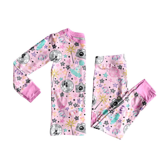 Custom moq 20 bamboo happy new year light star pink long sleeve pants girls pajamas