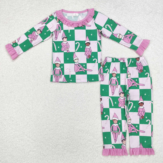 bamboo GLP1843 Christmas cane candy spirit pink checkered long sleeve pants girls pajamas