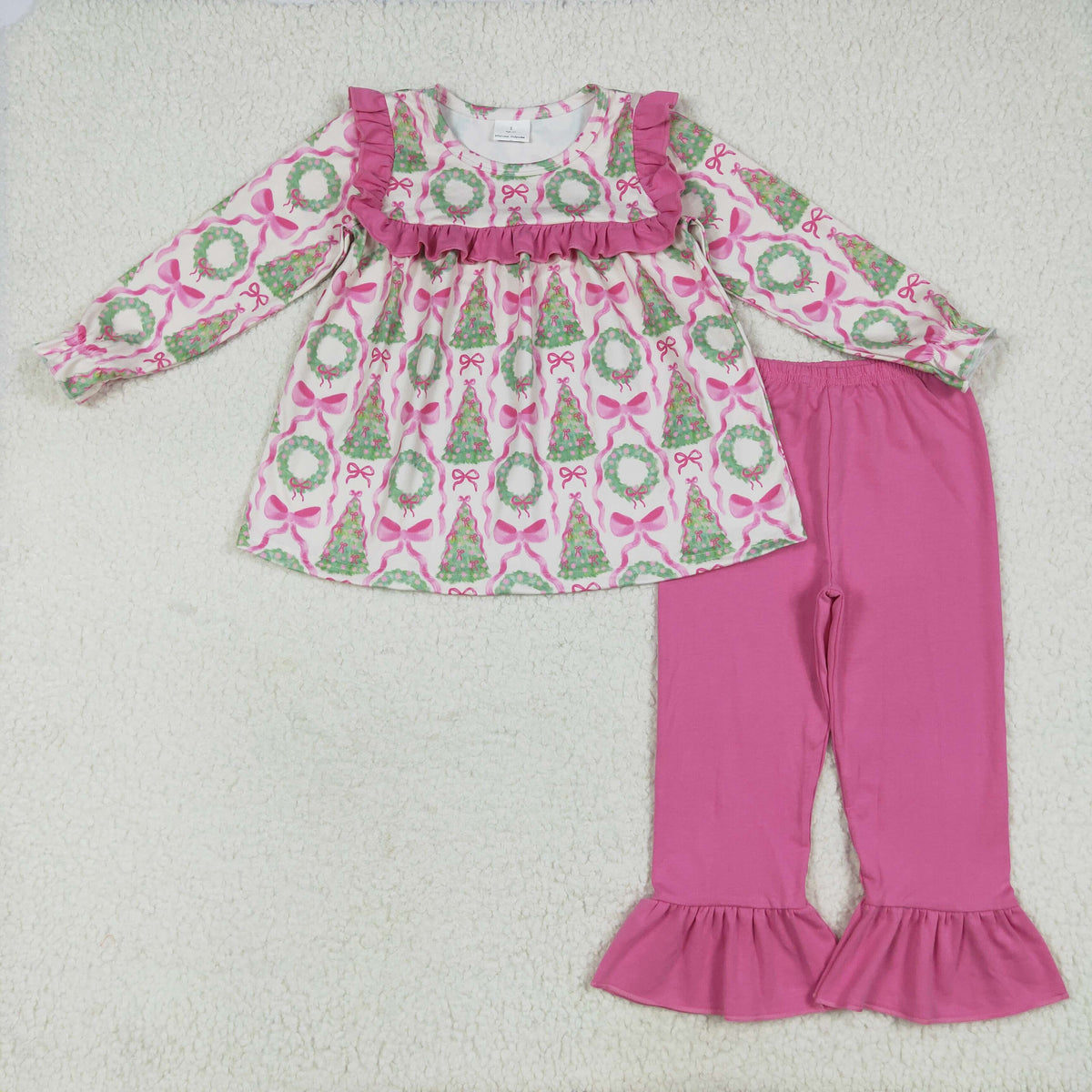 GLP2339 Christmas tree hot pink bows long sleeve pants girls set