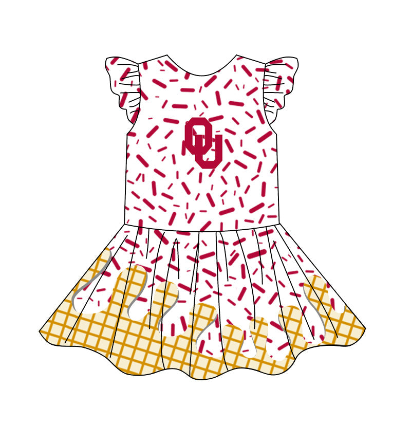 Custom Moq 5 Football Team OU red ice printing flutter sleeve girls dress