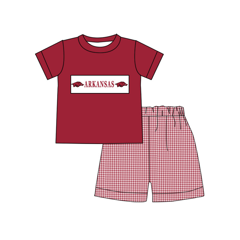 custom style football team red short sleeve red checkered shorts boys set