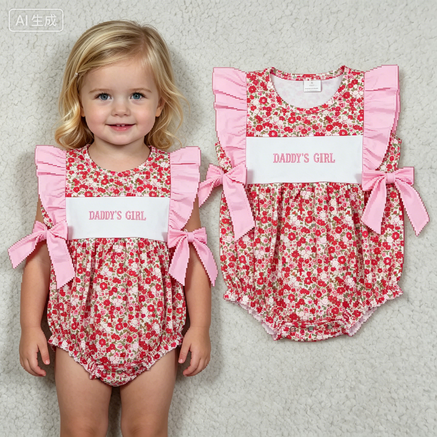 Embroidery SR3939 Mama's Girl Pink Flowers Flutter Sleeve Girls Romper
