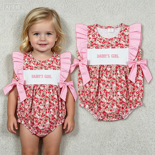 Embroidery SR3939 Mama's Girl Pink Flowers Flutter Sleeve Girls Romper