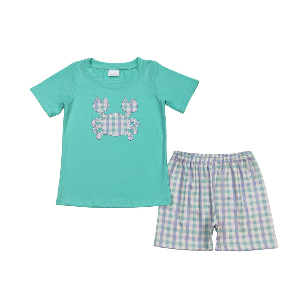 BSSO0638 embroidery Cab green short sleeve checkered shorts boys set