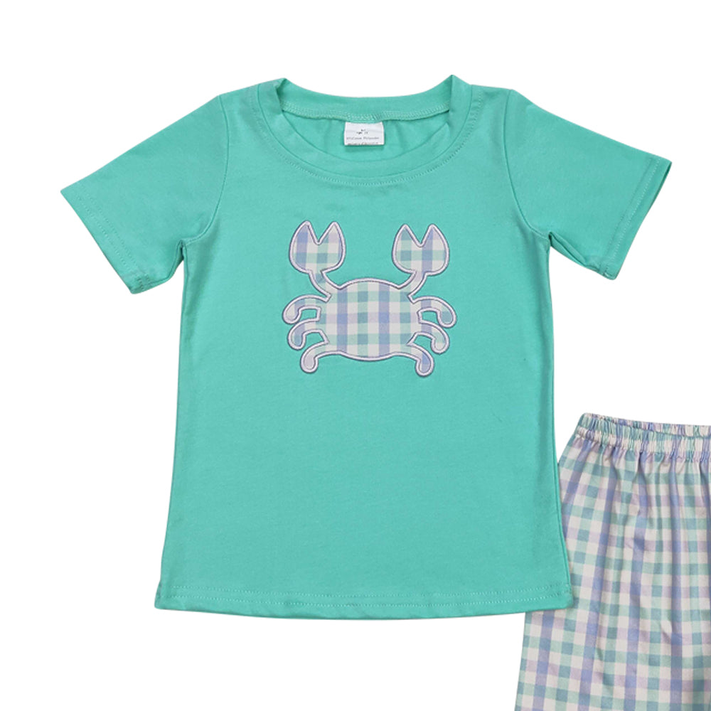 BSSO0638 embroidery Cab green short sleeve checkered shorts boys set