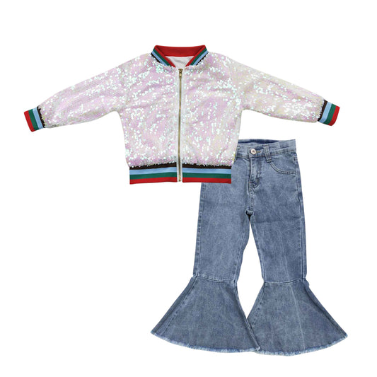 Pink long sleeve zipper kids disco coat cow blue denim pants girls set