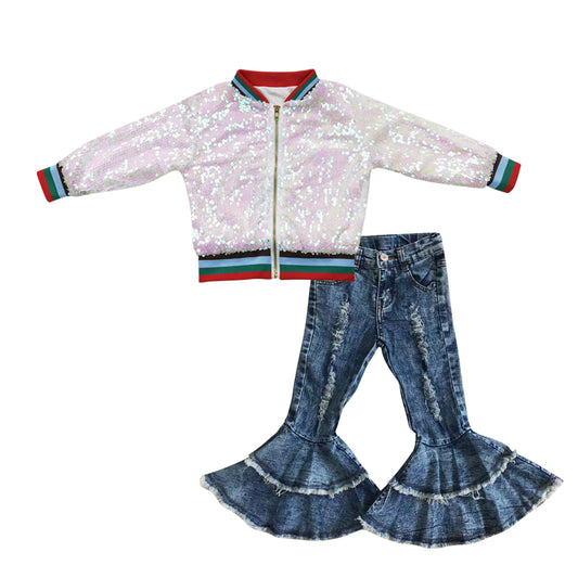 Pink long sleeve zipper kids disco coat blue ripped denim pants girls set