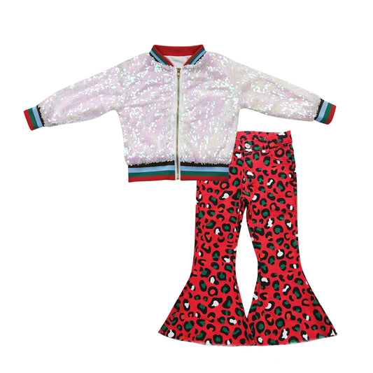 Pink long sleeve zipper kids disco coat red leopard denim pants girls set