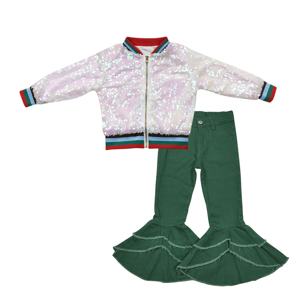 Pink long sleeve zipper kids disco coat green denim pants girls set