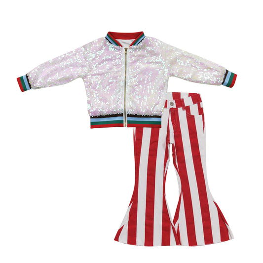 Pink long sleeve zipper kids disco coat red striped denim pants girls set