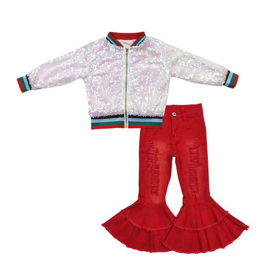 Pink long sleeve zipper kids disco coat red denim pants girls set