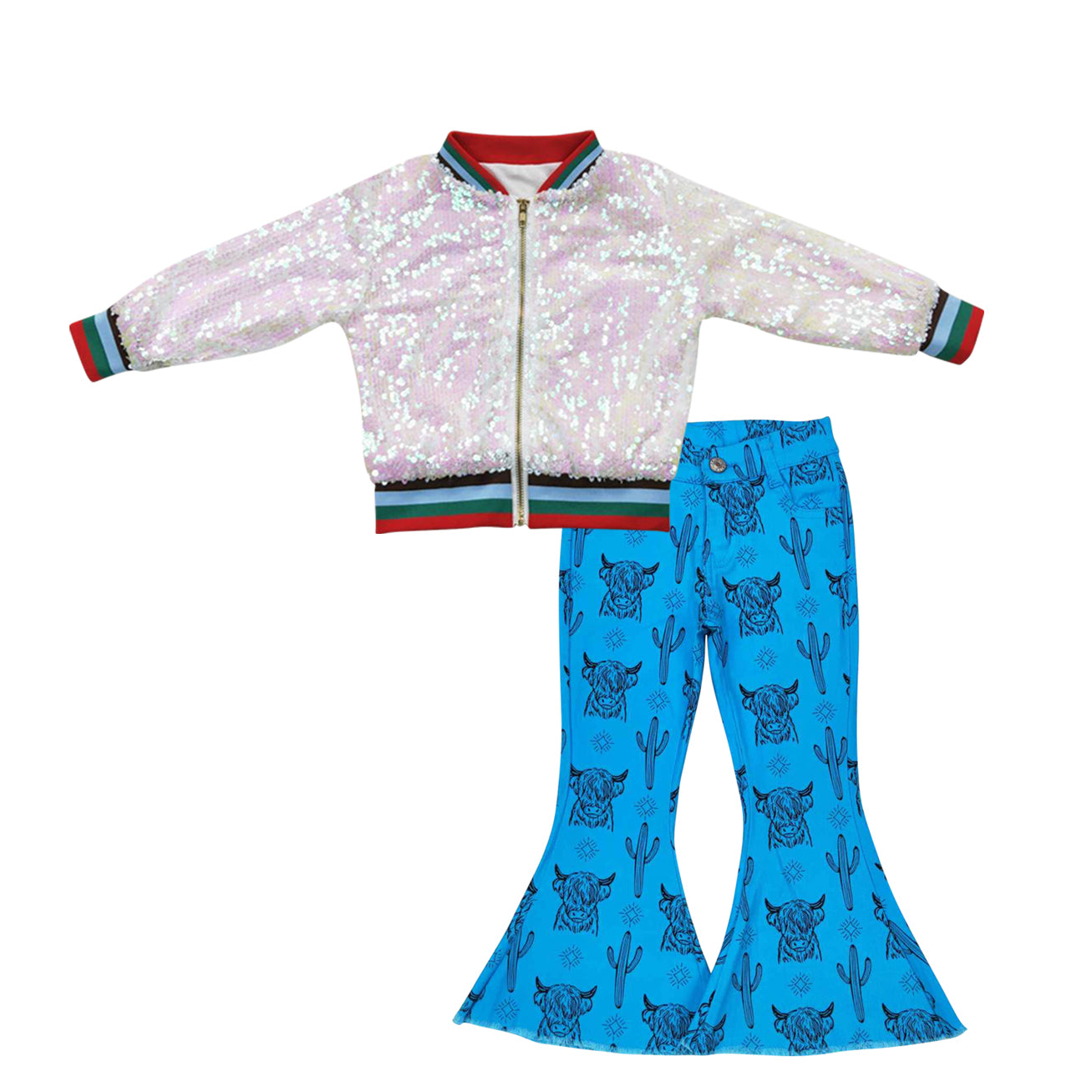 Pink long sleeve zipper kids disco coat cow cactus blue denim pants girls set