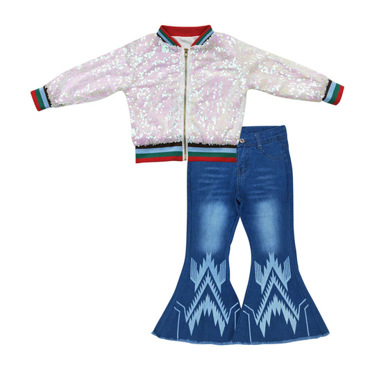 Pink long sleeve zipper kids disco coat cow Aztec blue denim pants girls set