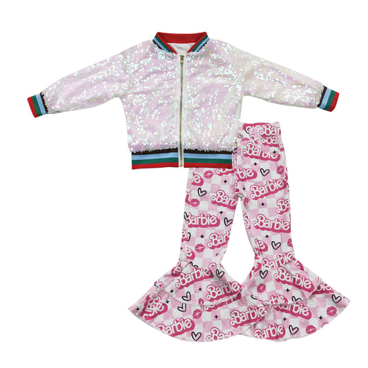 Pink long sleeve zipper kids disco coat cow BA pink checkered denim pants girls set