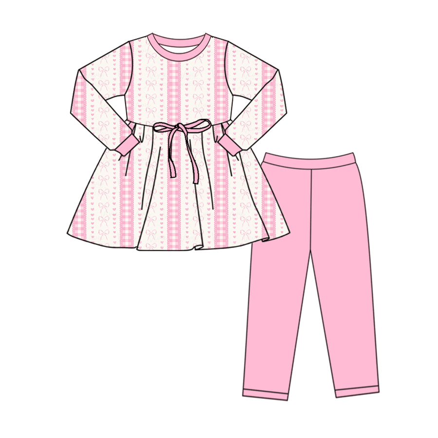 custom moq 3 Valentine‘s Day heart bows pink long sleeve pants girls set