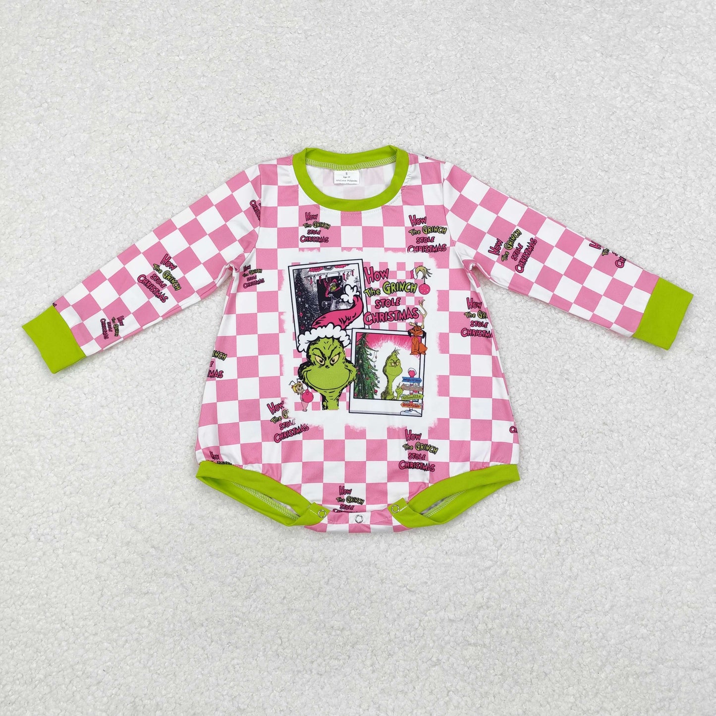 LR1765 Christmas green face hot pink checkered long sleeve girls romper