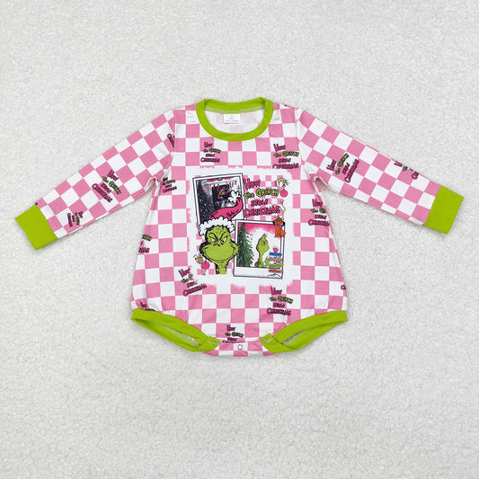 LR1765 Christmas green face hot pink checkered long sleeve girls romper