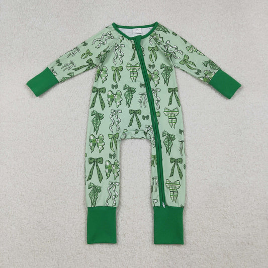 LR2654 St Patrick coquette bows green bows zipper long sleeve girls romper