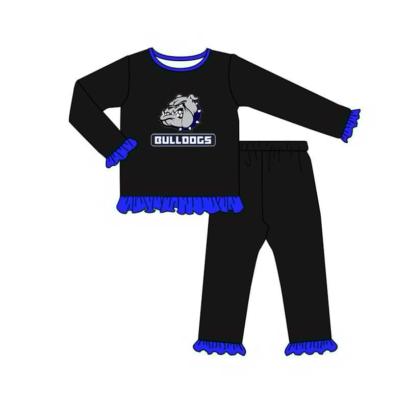 MOQ 3 Custom Football Bulldogs Blue Ruffles Black Long Sleeve Pants Girls Set