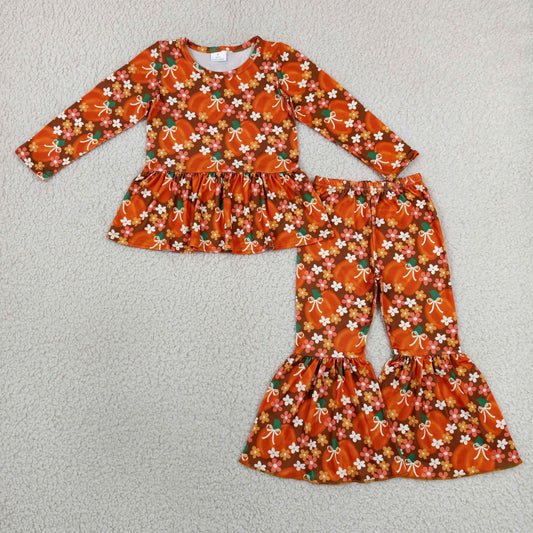 GLP3343 Pumpkin Bows Long Sleeve Pants Girls Set