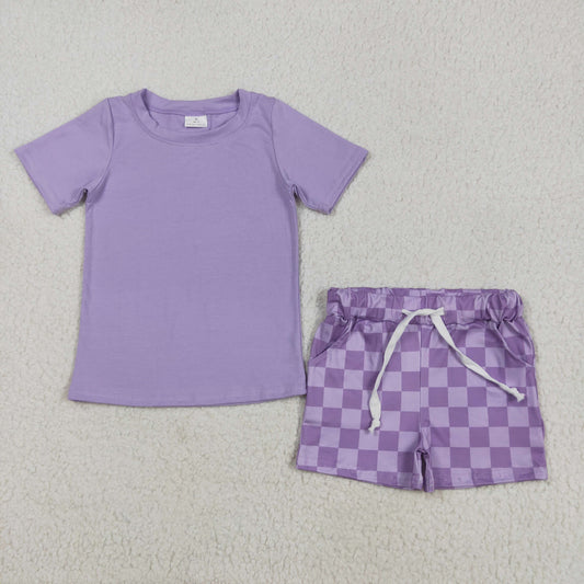 GSSO2524 purple short sleeve blue checkered shorts boys set