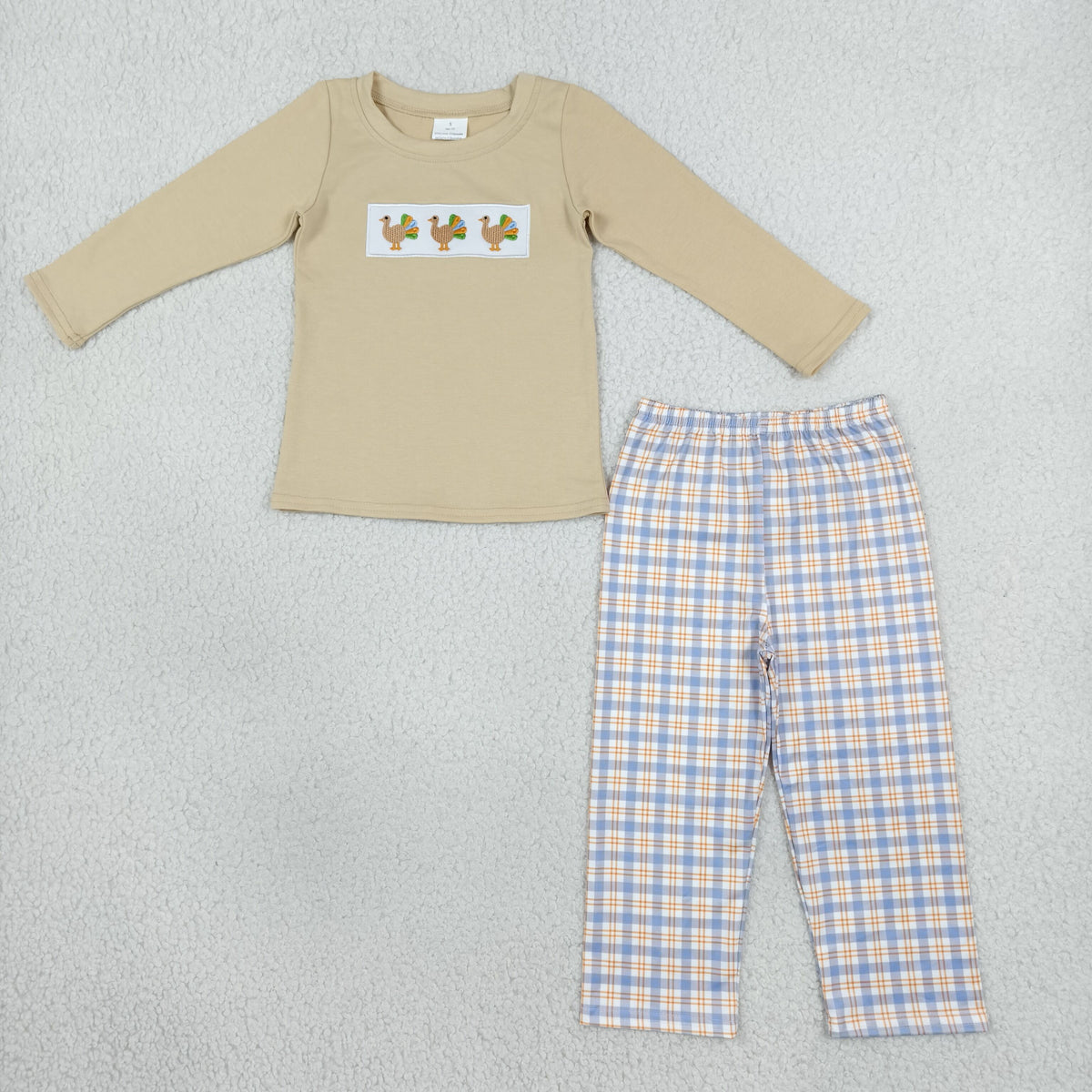 Embroidery BLP1495 Turkey Khaki Long Sleeve Blue Chekcered Pants Boys Set
