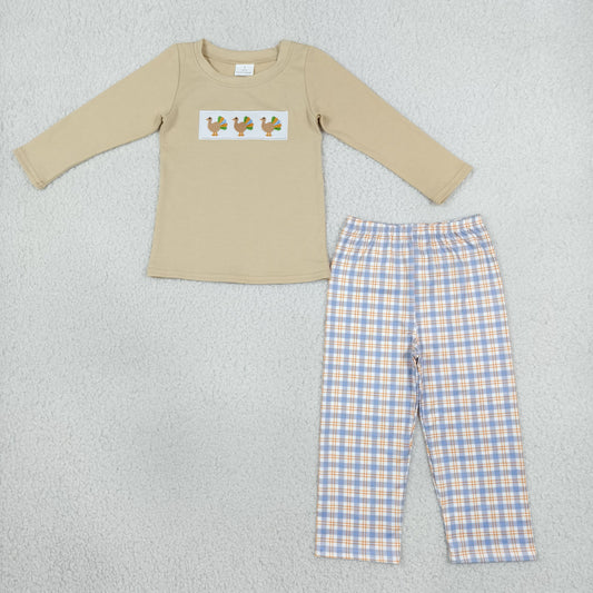 Embroidery BLP1495 Turkey Khaki Long Sleeve Blue Chekcered Pants Boys Set