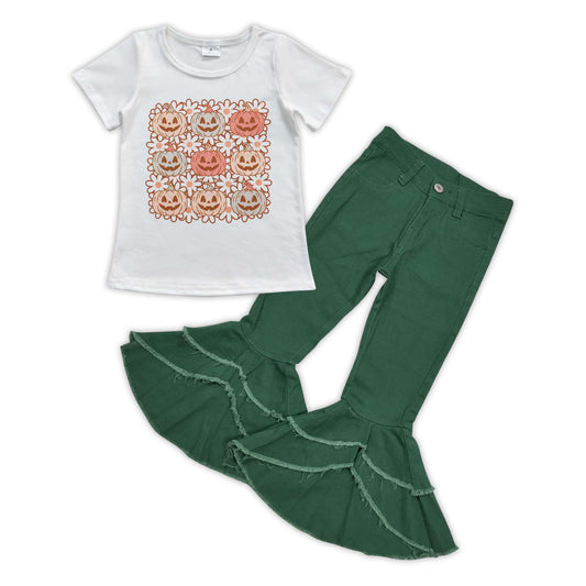 GAPO0871 Halloween pumpkin short sleeve green denim pants girls set