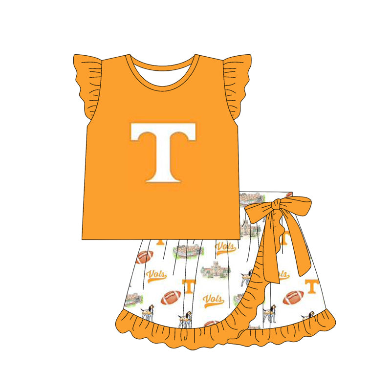 Cutom Moq 3 Football Team Tennessee Go Vols Yellow Flutter Sleeve Skirt Bow Girls Set