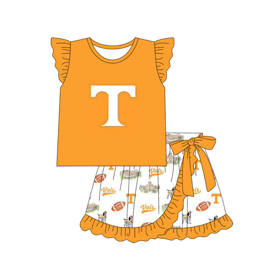 Cutom Moq 3 Football Team Tennessee Go Vols Yellow Flutter Sleeve Skirt Bow Girls Set