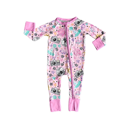 Custom moq 20 bamboo happy new year light star pink black zipper long sleeve girls romper