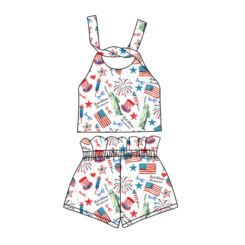 custom (moq 5)Baby Girls 4th Of July Flags Straps Top Shorts Clothes Sets