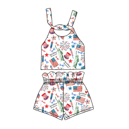 custom (moq 5)Baby Girls 4th Of July Flags Straps Top Shorts Clothes Sets