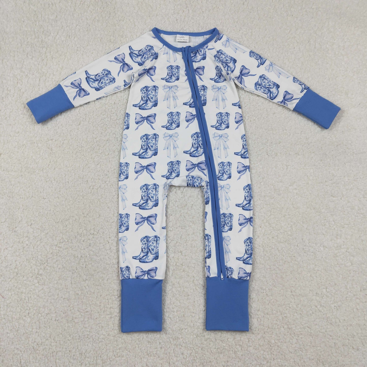 LR2420 Western boot bows blue zipper long sleeve girls romper